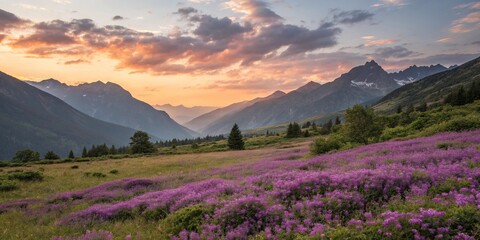 Peaceful sunset over a valley filled with purple flowers and surrounded by towering mountains, purple flowers, , mountain, nature scenery, valley