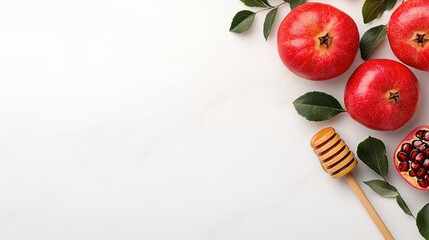 Pomegranates, apples, and honey arranged artistically for Rosh Hashanah celebration inviting joy and abundance