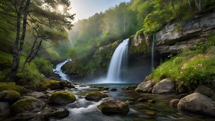 Fototapeta premium Waterfall cascading down a rugged cliff surrounded by lush greenery, cartoon, art
