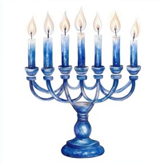 Fototapeta premium Hanukkah watercolor, A decorative blue menorah with seven candles, glowing softly, symbolizing light and tradition.