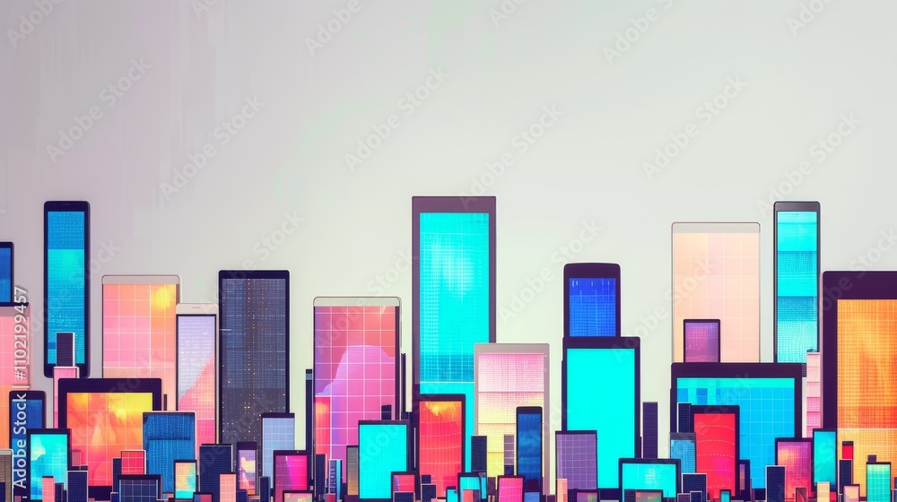 Poster a vibrant digital representation of a futuristic city skyline, composed of various colorful rectangu