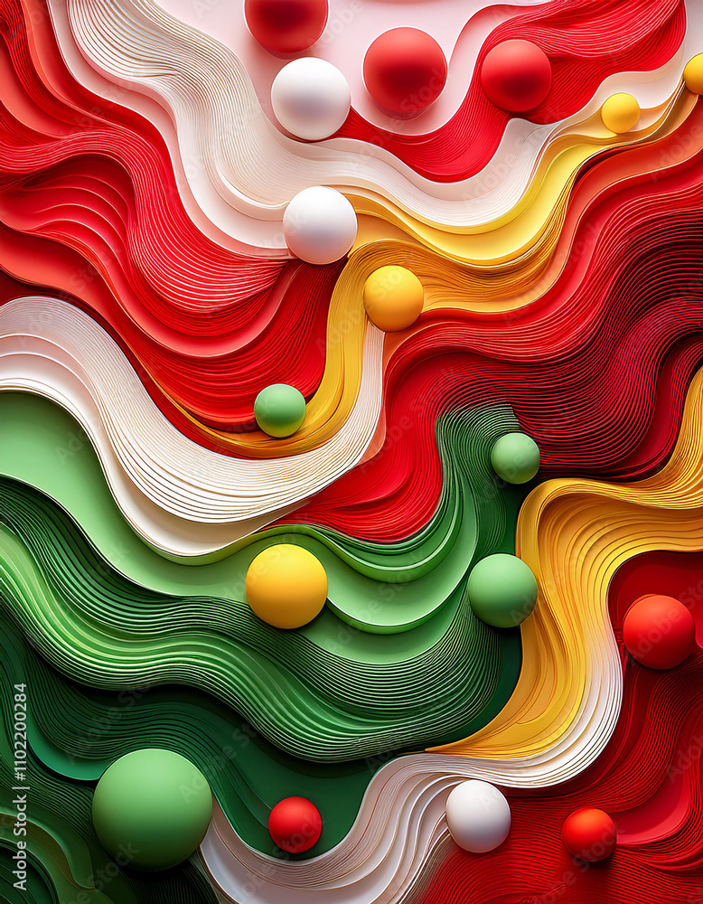 Poster colorful layered waves with variously sized spheres in red, green, white, and yellow tones, creating