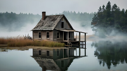 At the center of a tranquil pond, an old, weathered house stands isolated on a small island. ai