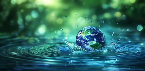 Earth Inside Water Drop with Light Effects and Floating Droplets: Global Environmental Protection Concept. AI generated illustration