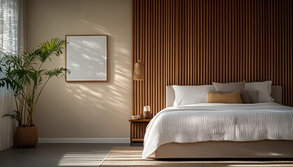Minimalist bedroom with vertical slats on the wall, bed and wardrobe design, carpeted flooring, neutral tones, modern interior photography, beige walls, neutral wooden flooring and natural light.