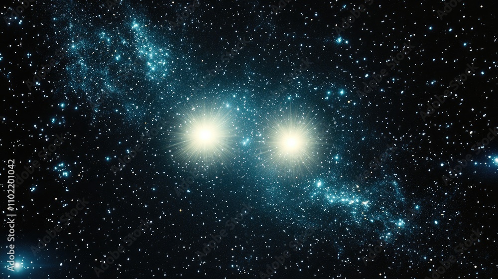 Wall mural twin stars in a binary system orbiting each other in a cosmic dance amidst the starry background.