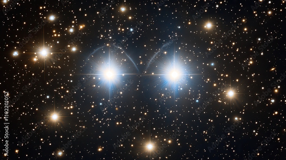 Wall mural twin stars in a binary system orbiting each other in a cosmic dance amidst the starry background.