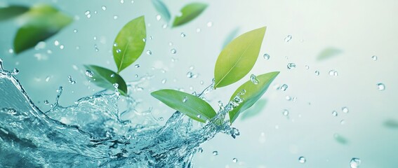Water Splash with Green Leaves on Light Blue Background for Eco-Friendly Product Promotion. AI generated illustration