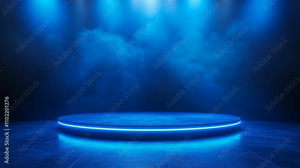 Poster illuminated circular platform in blue atmospheric setting