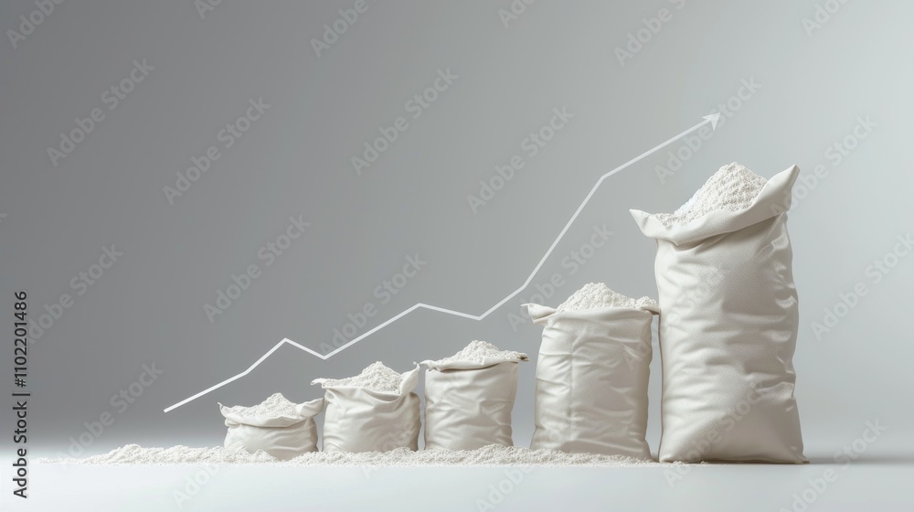 Poster a row of flour sacks in varying sizes is shown with an upward line graph in the background, suggesti