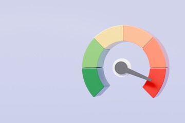 3d Speedometer icon. Minimal Status Speedometer with arrow scale gauge. Green, Yellow, Orange, Red Status color or low, medium, high arrow scale performance status icon. Credit rating score. 3d render