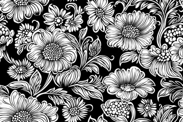 Illustration of seamless abstract black floral vine pattern , isolated on white background,  , copy space, copy space for text,