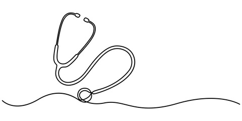 Obraz premium Medical tool - Stethoscope continuous single outline illustration. One line drawing of stethoscope. Vector illustration, continuous single drawn one line stethoscope freehand drawn picture silhouette.