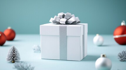 Christmas product package, A festive white gift box adorned with a silver bow, surrounded by colorful ornaments and decorative elements on a soft blue background.
