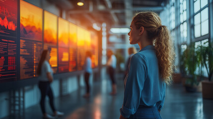 Business teams building marketing strategies on interactive whiteboards in a sunlit room.