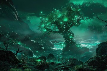 Obraz premium Glowing Tree in a Mystical, Foggy Forest Landscape