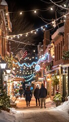 Friends strolling together in cozy winter coats along a street adorned with holiday lights