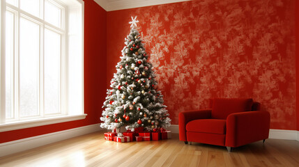 Cozy Christmas Decor with Tree and Red Wall in Bright Room