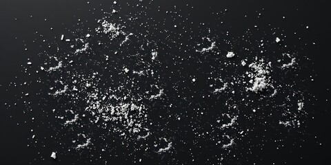 Sawdust fragments scattered across a black surface resemble a splattered paint effect adding a dynamic and playful touch to the image, dynamic, spilled, playful