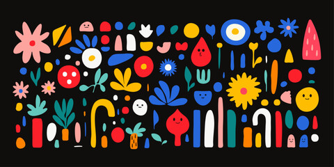 Fototapeta premium Set of flat vector colorful shapes, and flowers. Simple retro geometric forms. Design elements. Vector graphic. Isolated black background