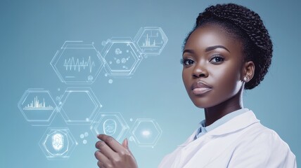 A scientist analyzing data with digital holograms in a modern lab setting.