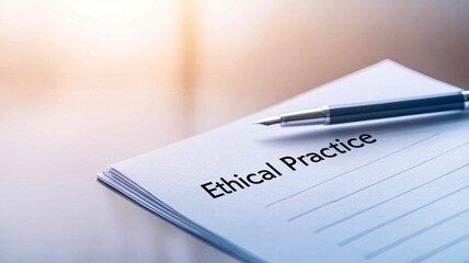 Document titled 'Ethical Practice' with a pen on a desk, symbolizing integrity and professionalism.
