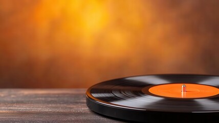 Vintage vinyl record on wooden table with warm bokeh background for music lovers.
