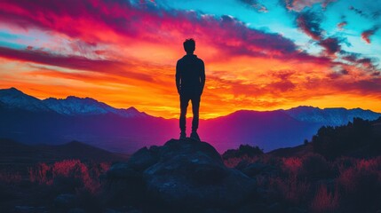 Obraz premium Silhouetted Hiker Stands Tall Amidst a Breathtaking Sunset Landscape