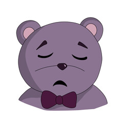 Sad purple teddy bear with a crimson bow. Emotion expression concept. Watercolor hand drawn illustration on a white background