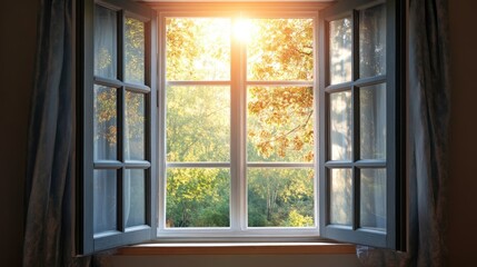 Open window with view of trees and sunlight in cozy room