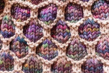 knitting background, hand knit fabric using mosaic colour work technique in chunky wool yarn 