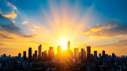 Fototapeta premium Breathtaking Sunrise Over City Skyline Illuminating Buildings with Warm Golden Light and Dramatic Cloud Patterns Creating a Picturesque Urban Landscape