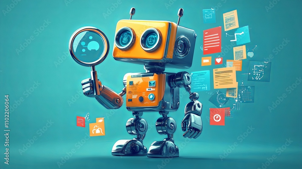 Poster retro robot holding magnifying glass investigating data