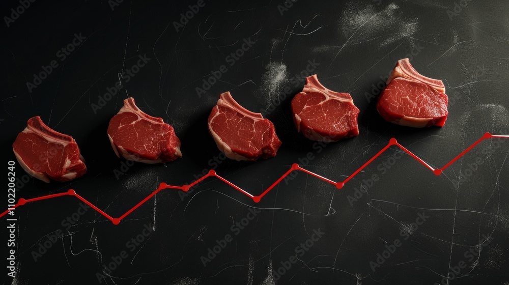 Poster raw lamb chops displayed in a line, with a financial graph pattern running beneath, symbolizing conc
