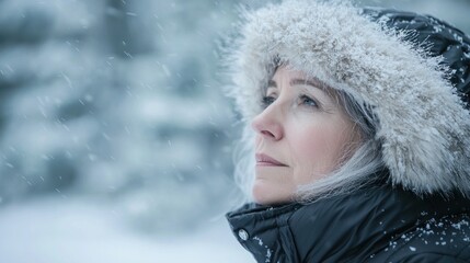 Frosty Beauty: A portrait of a woman in a fur-lined parka, gazing thoughtfully at the winter landscape, with her hair dusted with snow.