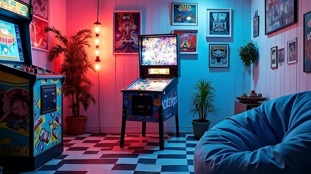 Retro Game Room with Arcade Games, Pinball Machine, and Beanbag Chair
