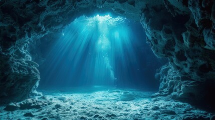 Obraz premium Sunbeams illuminate underwater cave.
