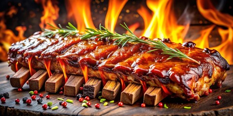 Smoky BBQ Ribs with Rosemary and Fire - Grilled to Perfection on a Wooden Board with Peppercorns