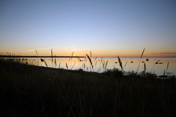 Sunset over a tranquil lake with tall grass silhouettes in the foreground, creating a serene and natural atmosphere. The horizon glows in warm orange and blue tones.