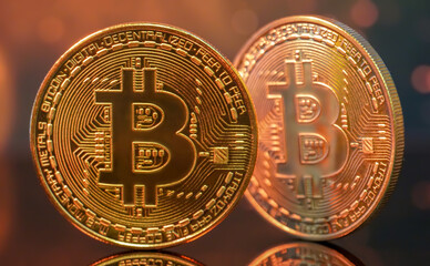 Bitcoin coins shine under soft light in a captivating digital currency display