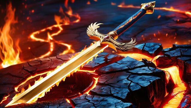 Flaming sword with golden blade and ornate hilt rests on cracked earth amidst fiery lava.