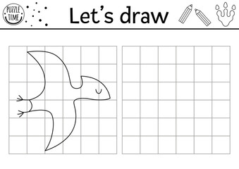 Draw the dinosaur. Vector prehistoric drawing practice worksheet with ancient animal. Printable black and white activity for kids. Copy or complete the picture coloring page with pterodactyl © Lexi Claus