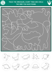 Dinosaur tracing, shape and line recognition activity with ancient animals. Prehistoric puzzle with white T-rex, stegosaur, triceratops contours. Find and circle correct silhouette printable worksheet