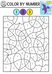 Vector dinosaur color by number activity with flying pterodactyl. Prehistoric landscape scene. Black and white counting game with ancient animal. Coloring page, mosaic painting for kids © Lexi Claus