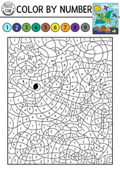 Vector dinosaur color by number activity with flying pterodactyl. Prehistoric landscape scene. Black and white counting game with ancient animal. Coloring page, mosaic painting for kids © Lexi Claus