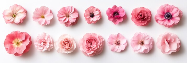 Fototapeta premium Pink flowers arranged in two rows on a white background.