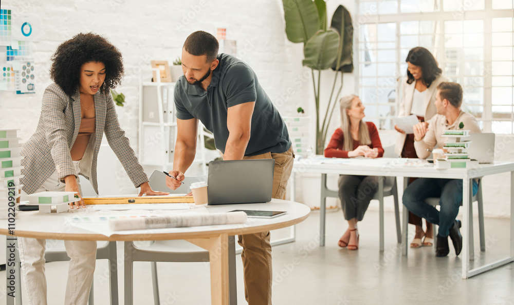 Poster architecture, conversation and documents with business people in office together for building or con