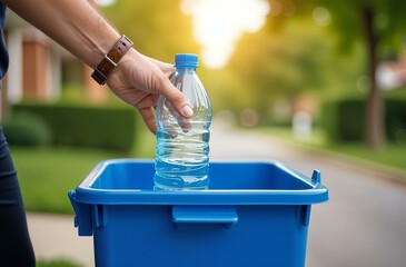 A human hand holds an empty plastic bottle and puts it in a blue dumpster, promoting waste separation in a residential area, eco-friendly use