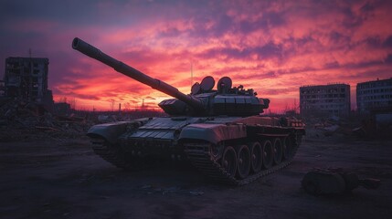 Fototapeta premium A powerful tank stands tall against a stunning sunset sky. Abandoned buildings create a dramatic backdrop for this military vehicle.