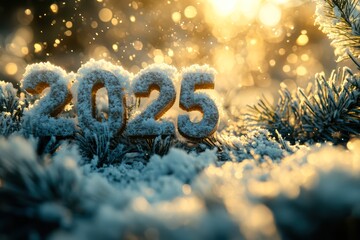 A snowy scene showcases the year 2025, set against a blurred golden bokeh background, This image is ideal for New Year's celebrations, winter promotions, or event marketing,